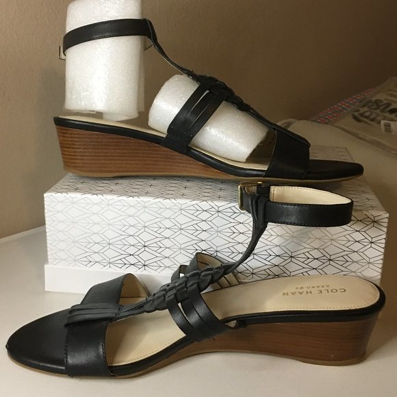 COLE HAAN "Findra" Black Leather Woven Slide Wedge Sandal | Size 9B - Picture 2 of 15